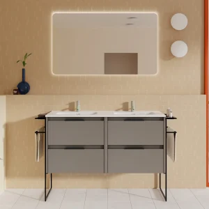 Meuble salle de bain double vasque en bois et métal KEIKO largeur 120 cm, fumé sablé